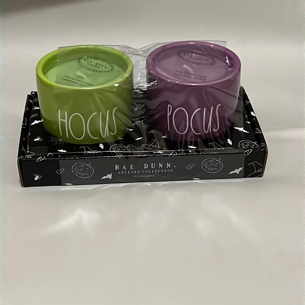 Rae dunn purple and green candles “hocus pocus”
